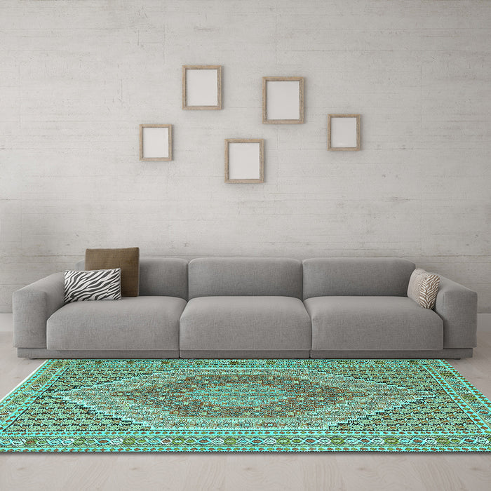 Machine Washable Persian Turquoise Traditional Area Rugs in a Living Room,, wshtr226turq