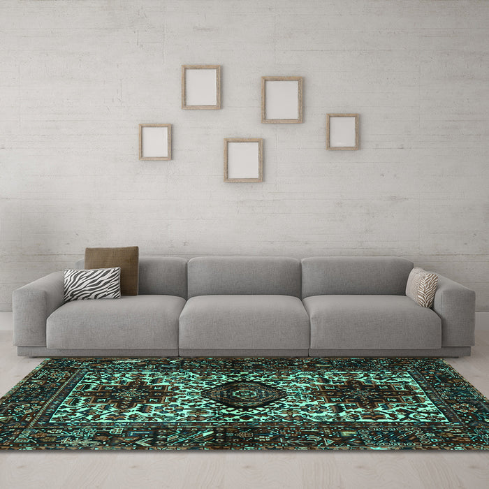 Machine Washable Persian Turquoise Traditional Area Rugs in a Living Room,, wshtr2271turq