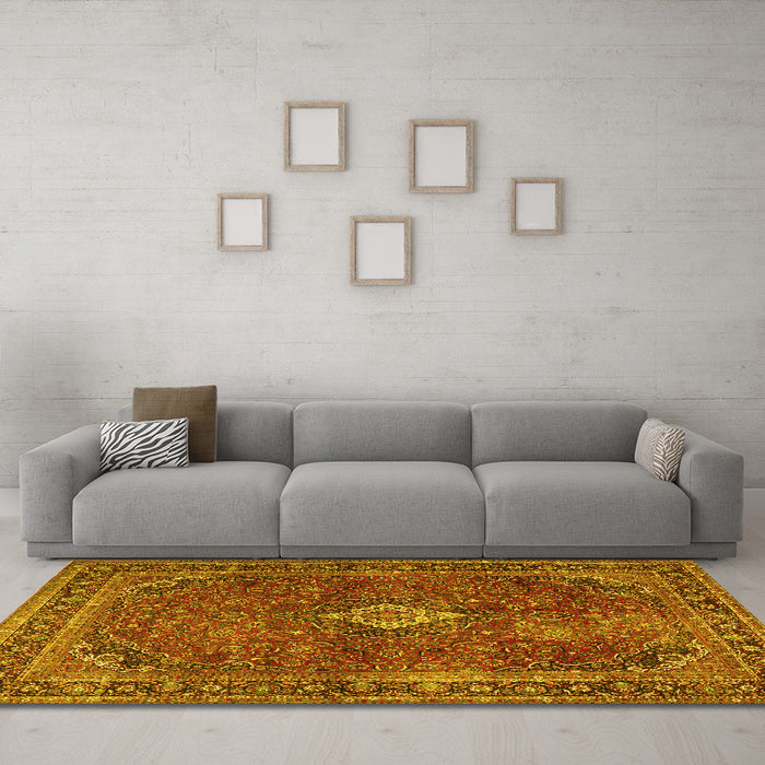 Machine Washable Persian Yellow Traditional Rug in a Living Room, wshtr2273yw