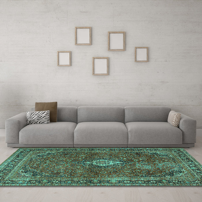 Machine Washable Persian Turquoise Traditional Area Rugs in a Living Room,, wshtr2273turq
