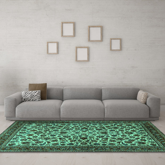 Machine Washable Persian Turquoise Traditional Area Rugs in a Living Room,, wshtr2275turq