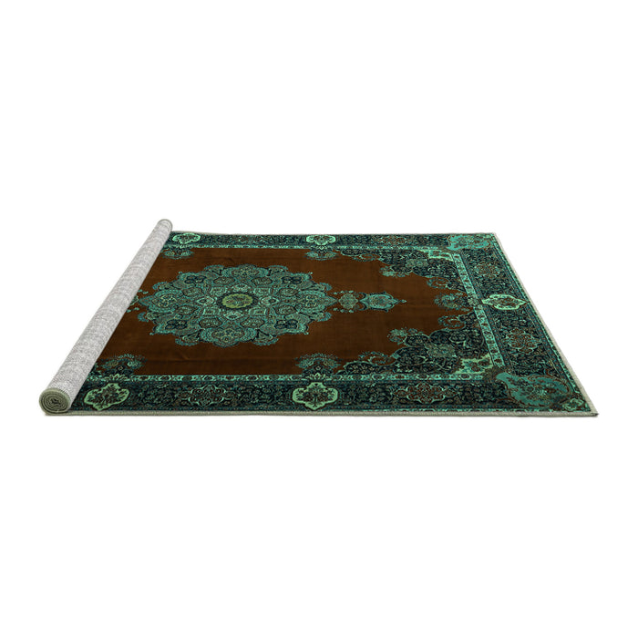 Sideview of Machine Washable Persian Turquoise Traditional Area Rugs, wshtr2276turq