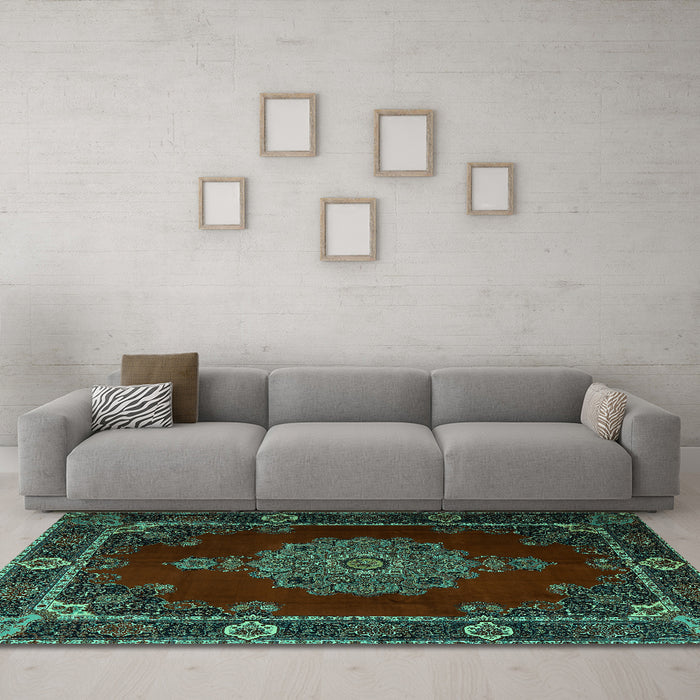 Machine Washable Persian Turquoise Traditional Area Rugs in a Living Room,, wshtr2276turq