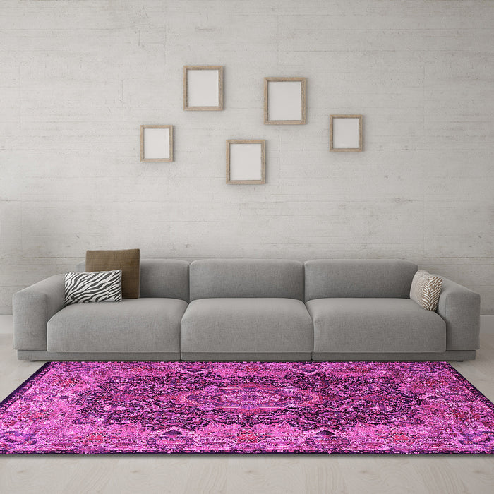 Machine Washable Persian Pink Traditional Rug in a Living Room, wshtr2278pnk
