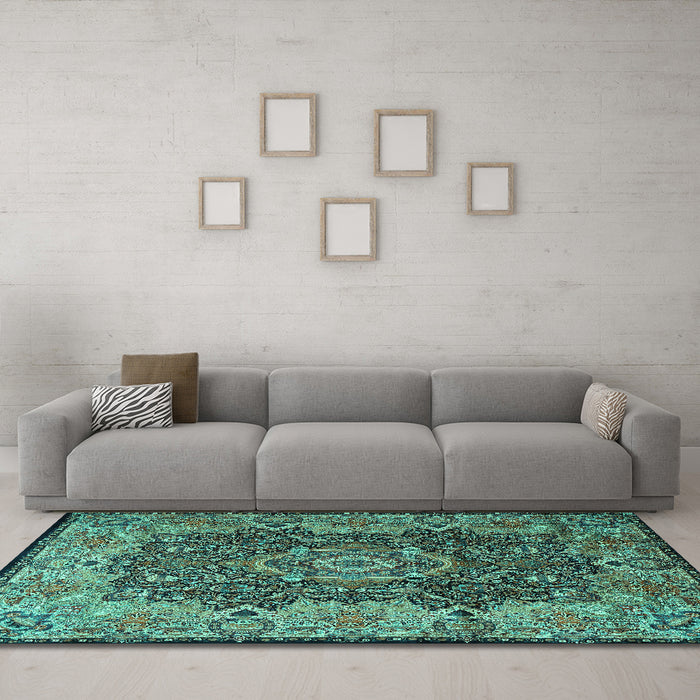 Machine Washable Persian Turquoise Traditional Area Rugs in a Living Room,, wshtr2278turq