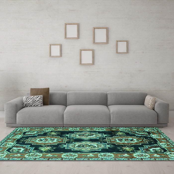 Machine Washable Persian Turquoise Traditional Area Rugs in a Living Room,, wshtr2279turq