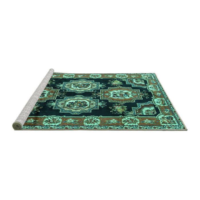 Sideview of Machine Washable Persian Turquoise Traditional Area Rugs, wshtr2279turq