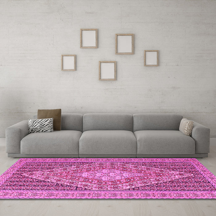 Machine Washable Medallion Pink Traditional Rug in a Living Room, wshtr227pnk