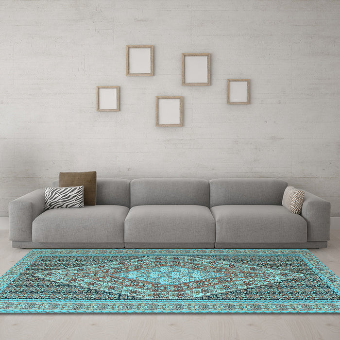 Machine Washable Medallion Light Blue Traditional Rug in a Living Room, wshtr227lblu