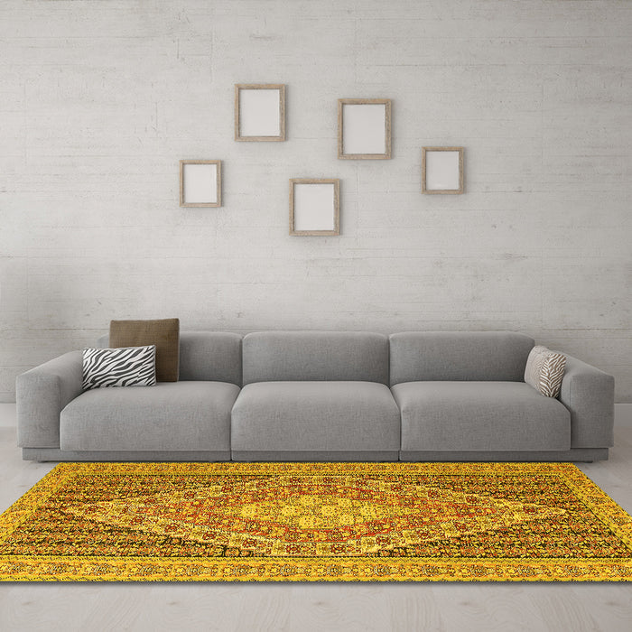 Machine Washable Medallion Yellow Traditional Rug in a Living Room, wshtr227yw