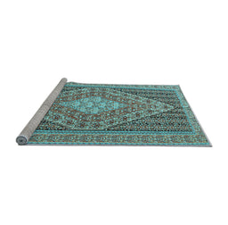 Sideview of Machine Washable Medallion Light Blue Traditional Rug, wshtr227lblu