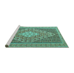 Sideview of Machine Washable Medallion Turquoise Traditional Area Rugs, wshtr227turq