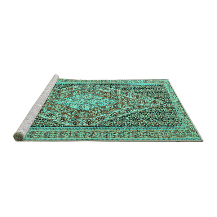 Sideview of Machine Washable Medallion Turquoise Traditional Area Rugs, wshtr227turq