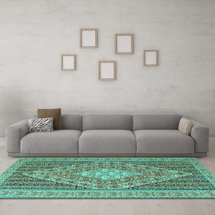 Machine Washable Medallion Turquoise Traditional Area Rugs in a Living Room,, wshtr227turq