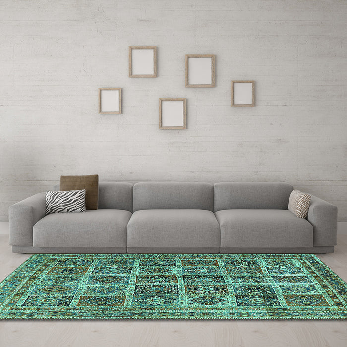 Machine Washable Persian Turquoise Traditional Area Rugs in a Living Room,, wshtr2281turq