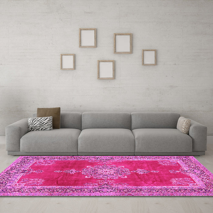 Machine Washable Persian Pink Traditional Rug in a Living Room, wshtr2282pnk