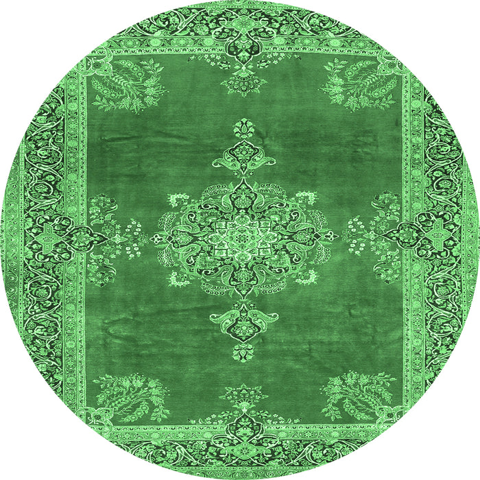 Round Machine Washable Persian Emerald Green Traditional Area Rugs, wshtr2282emgrn