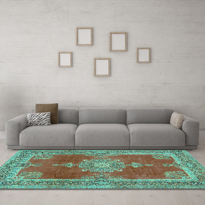 Machine Washable Persian Turquoise Traditional Area Rugs in a Living Room,, wshtr2282turq