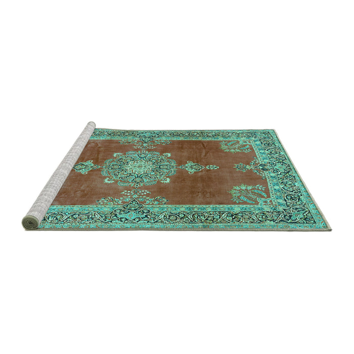 Sideview of Machine Washable Persian Turquoise Traditional Area Rugs, wshtr2282turq