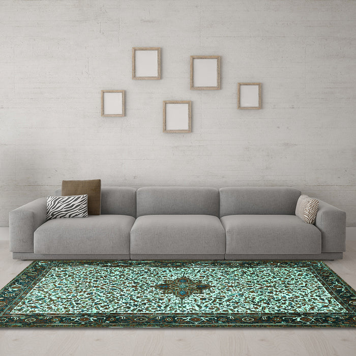 Machine Washable Persian Turquoise Traditional Area Rugs in a Living Room,, wshtr2283turq