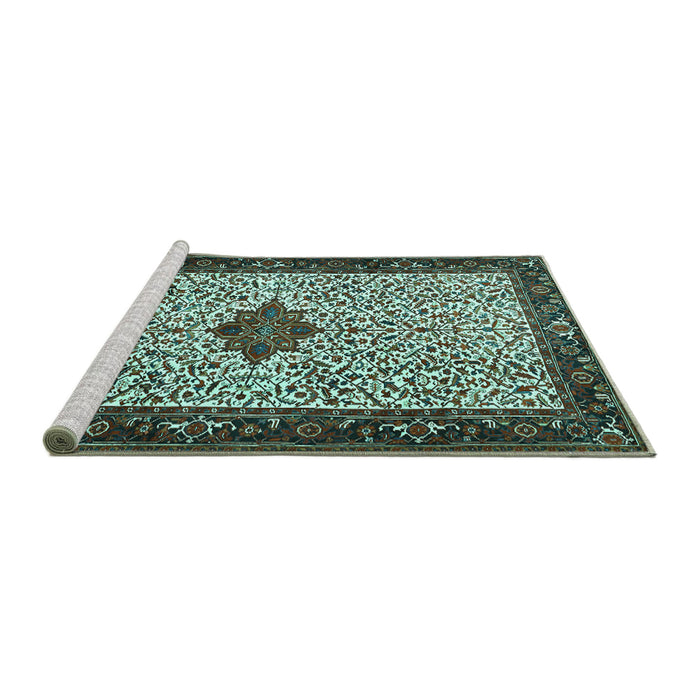 Sideview of Machine Washable Persian Turquoise Traditional Area Rugs, wshtr2283turq
