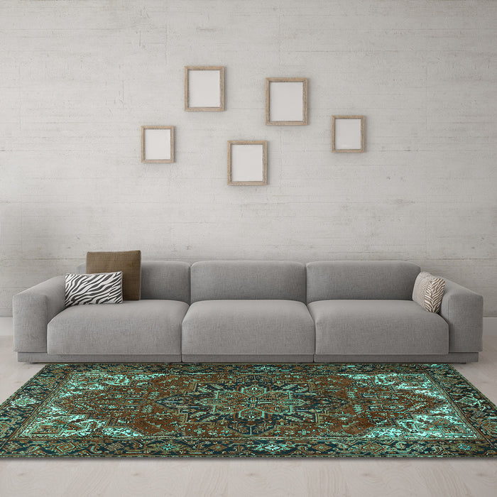 Machine Washable Persian Turquoise Traditional Area Rugs in a Living Room,, wshtr2284turq