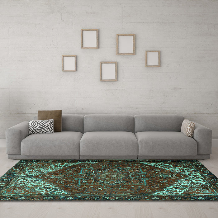 Machine Washable Persian Turquoise Traditional Area Rugs in a Living Room,, wshtr2285turq