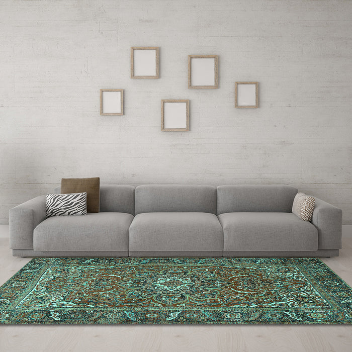 Machine Washable Persian Turquoise Traditional Area Rugs in a Living Room,, wshtr2286turq