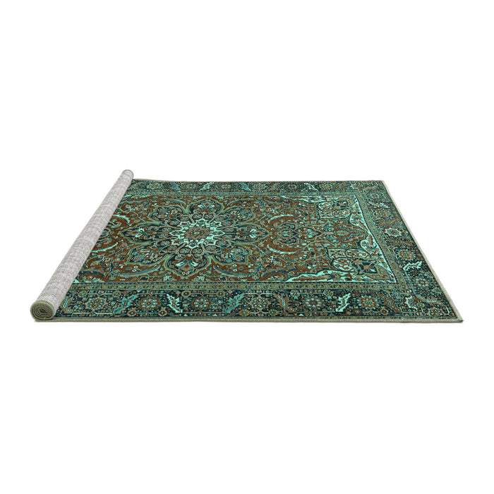 Sideview of Machine Washable Persian Turquoise Traditional Area Rugs, wshtr2286turq