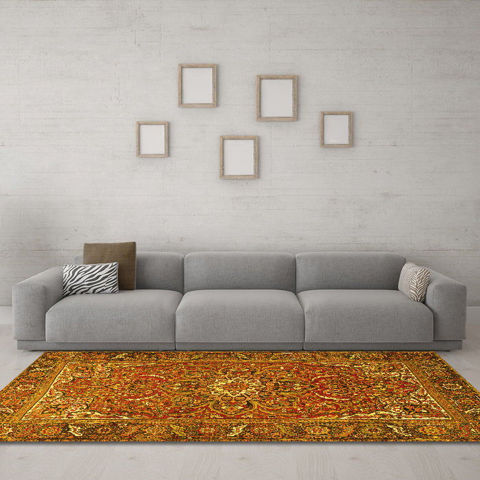 Machine Washable Persian Yellow Traditional Rug in a Living Room, wshtr2286yw