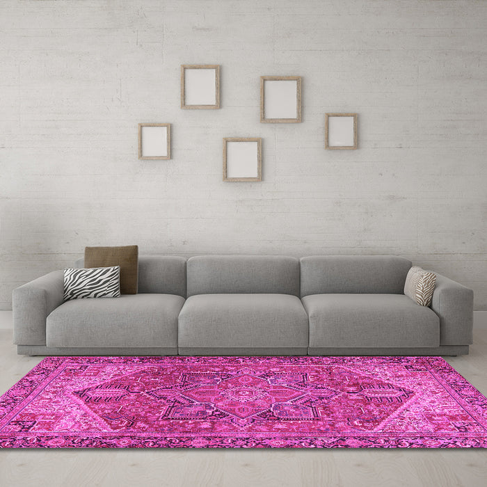Machine Washable Persian Pink Traditional Rug in a Living Room, wshtr2287pnk