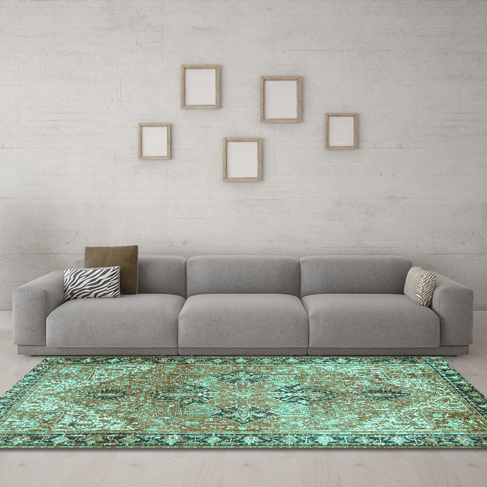 Machine Washable Persian Turquoise Traditional Area Rugs in a Living Room,, wshtr2289turq