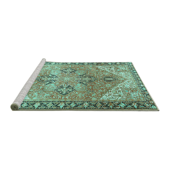 Sideview of Machine Washable Persian Turquoise Traditional Area Rugs, wshtr2289turq