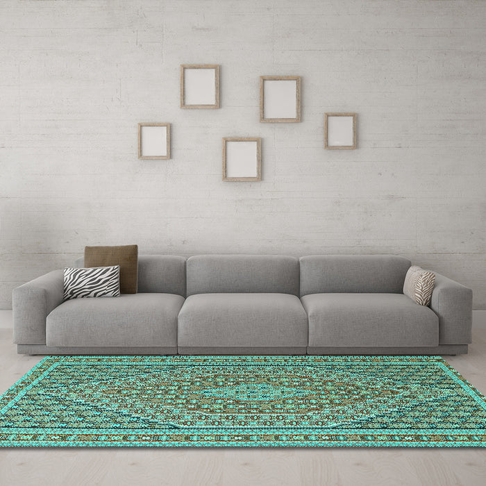 Machine Washable Southwestern Turquoise Country Area Rugs in a Living Room,, wshtr228turq