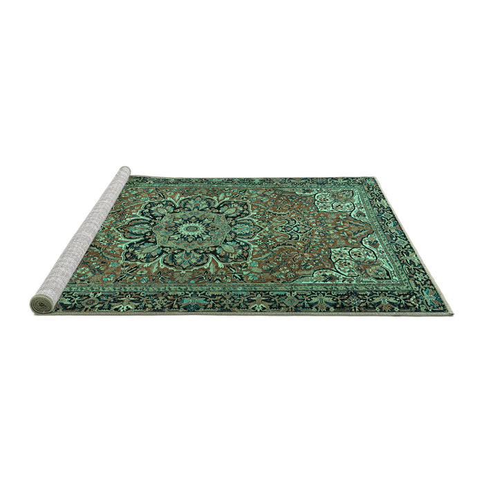 Sideview of Machine Washable Persian Turquoise Traditional Area Rugs, wshtr2291turq