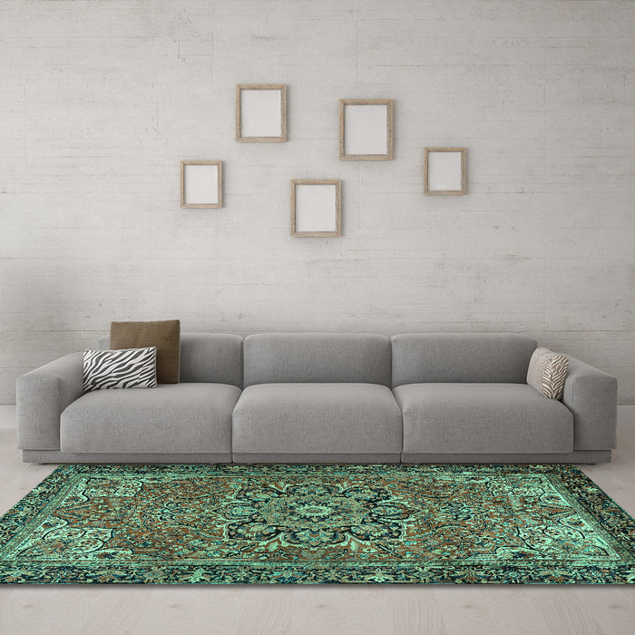 Machine Washable Persian Turquoise Traditional Area Rugs in a Living Room,, wshtr2291turq