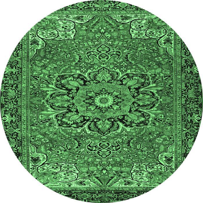 Round Machine Washable Persian Emerald Green Traditional Area Rugs, wshtr2291emgrn