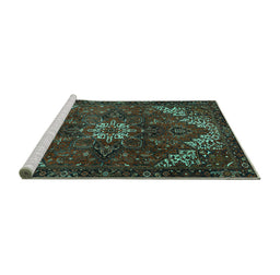 Sideview of Machine Washable Persian Turquoise Traditional Area Rugs, wshtr2292turq