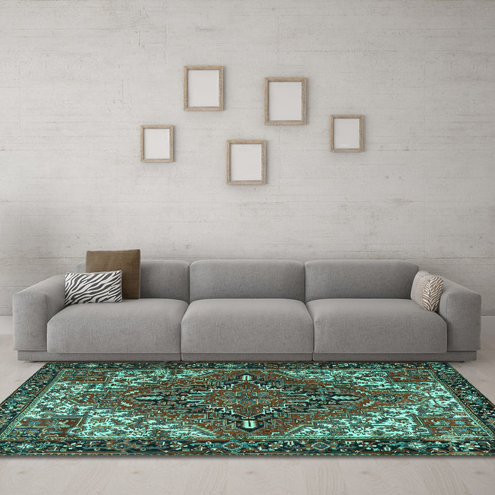 Machine Washable Persian Turquoise Traditional Area Rugs in a Living Room,, wshtr2293turq