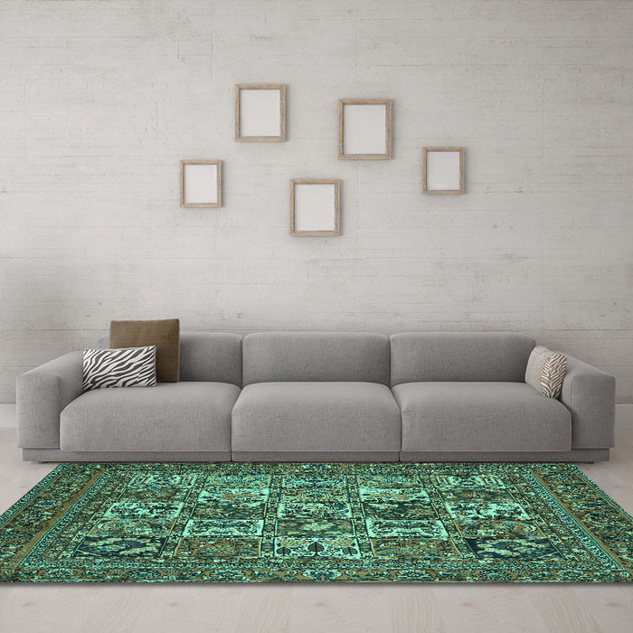 Machine Washable Persian Turquoise Traditional Area Rugs in a Living Room,, wshtr2294turq