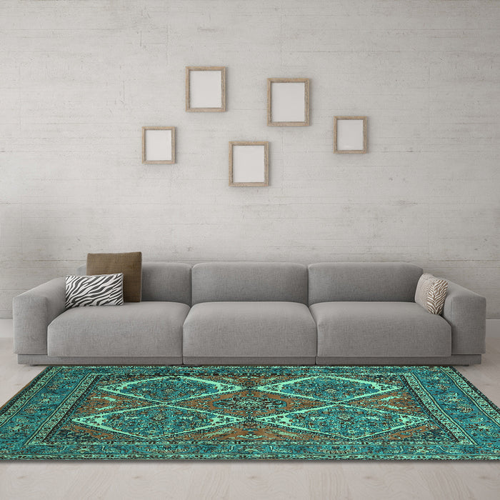 Machine Washable Persian Turquoise Traditional Area Rugs in a Living Room,, wshtr2295turq