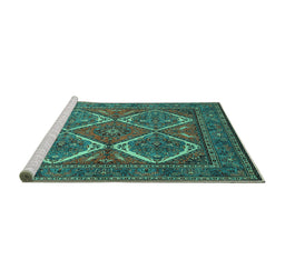 Sideview of Machine Washable Persian Turquoise Traditional Area Rugs, wshtr2295turq