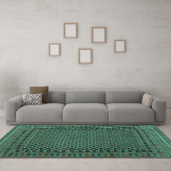 Machine Washable Southwestern Turquoise Country Area Rugs in a Living Room,, wshtr2296turq