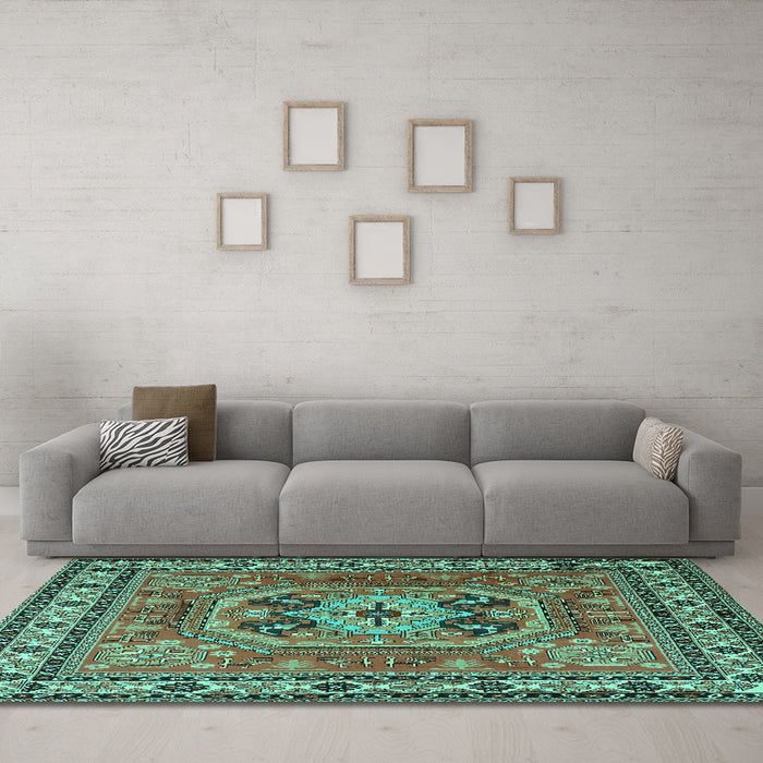 Machine Washable Persian Turquoise Traditional Area Rugs in a Living Room,, wshtr2298turq