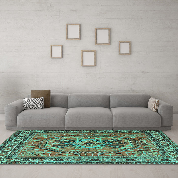Machine Washable Persian Turquoise Traditional Area Rugs in a Living Room,, wshtr2299turq