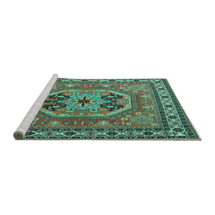 Sideview of Machine Washable Persian Turquoise Traditional Area Rugs, wshtr2299turq