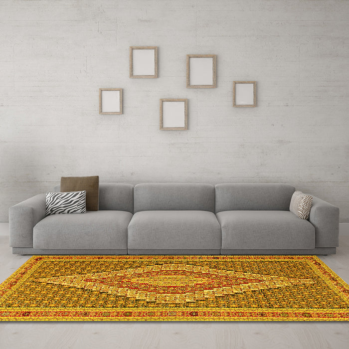 Machine Washable Southwestern Yellow Country Rug in a Living Room, wshtr229yw