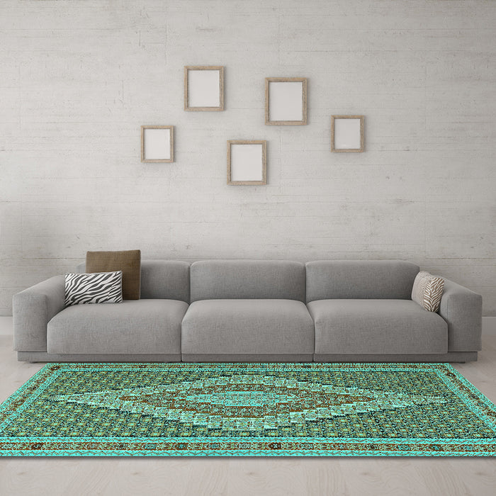 Machine Washable Southwestern Turquoise Country Area Rugs in a Living Room,, wshtr229turq
