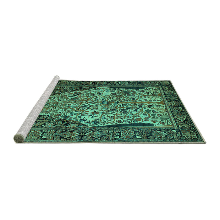 Sideview of Machine Washable Persian Turquoise Traditional Area Rugs, wshtr22turq
