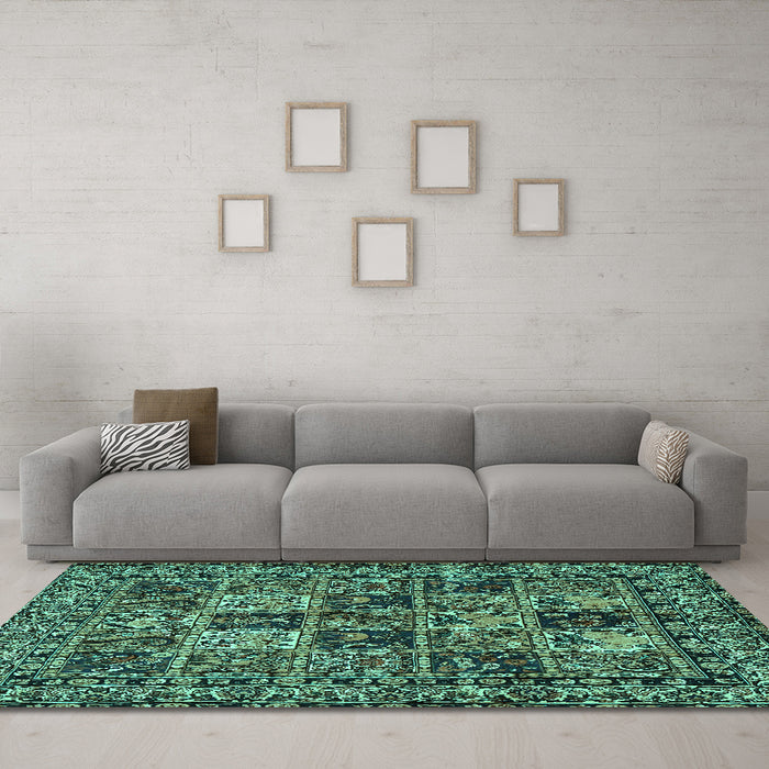 Machine Washable Persian Turquoise Traditional Area Rugs in a Living Room,, wshtr2301turq